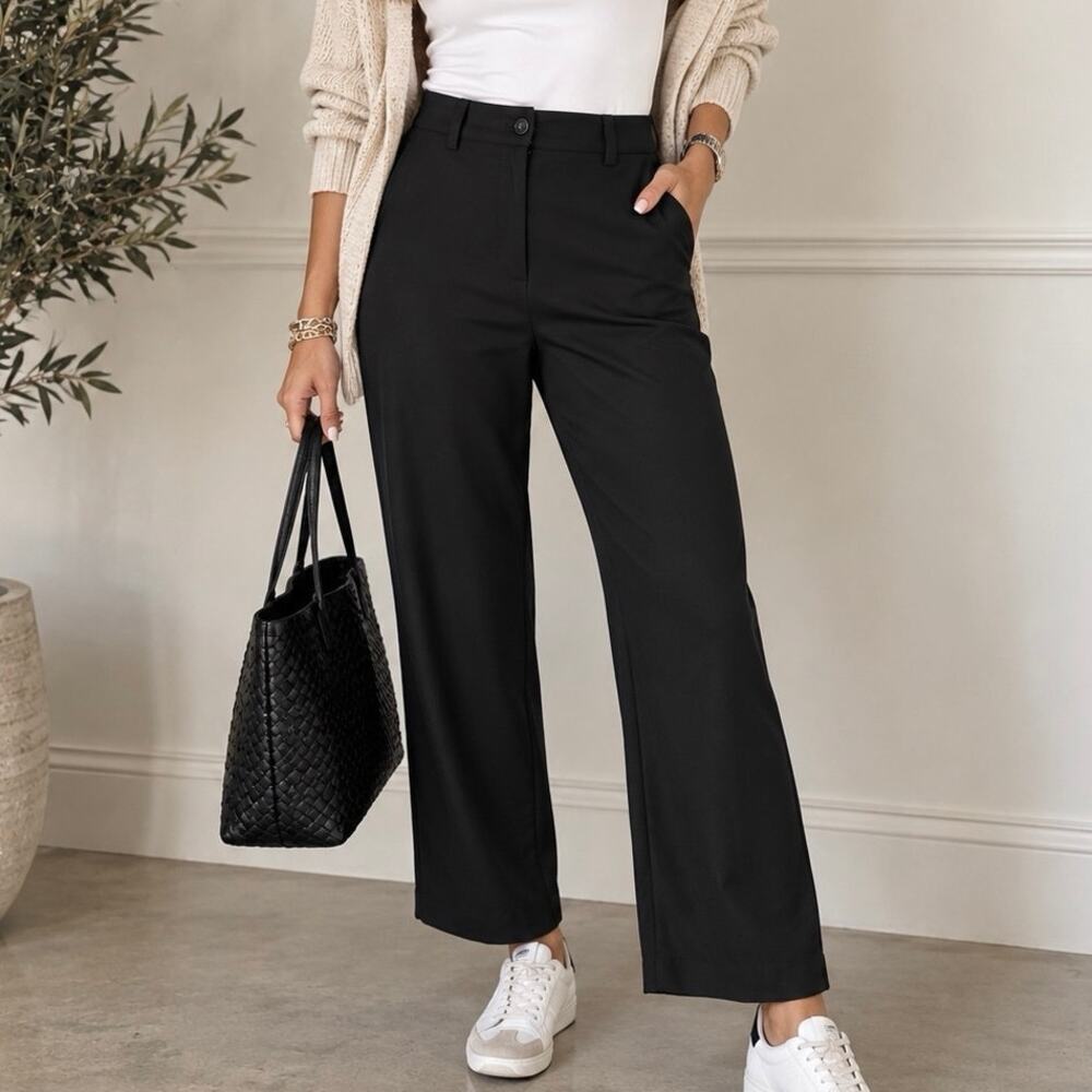 Ann Taylor High Waisted Flat Front Wide Leg Trouser Pants Black 4 NWT